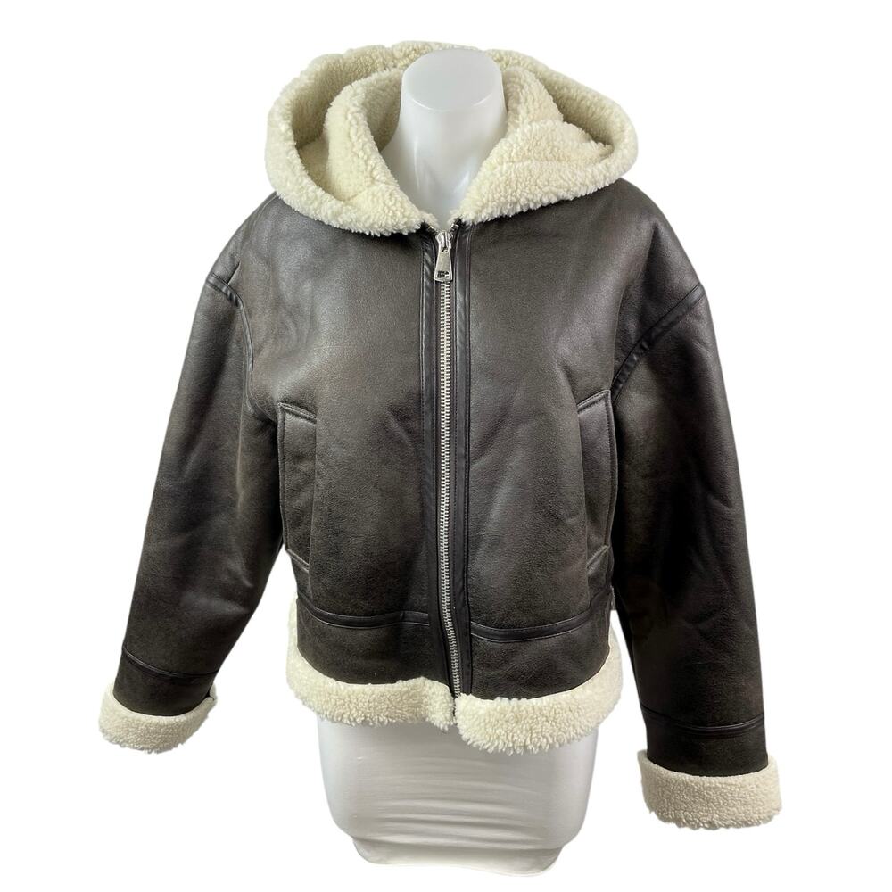 Stradivarius Women's Brown Fleece Sherpa Hoodie Full Zip Faux Leather Jacket L